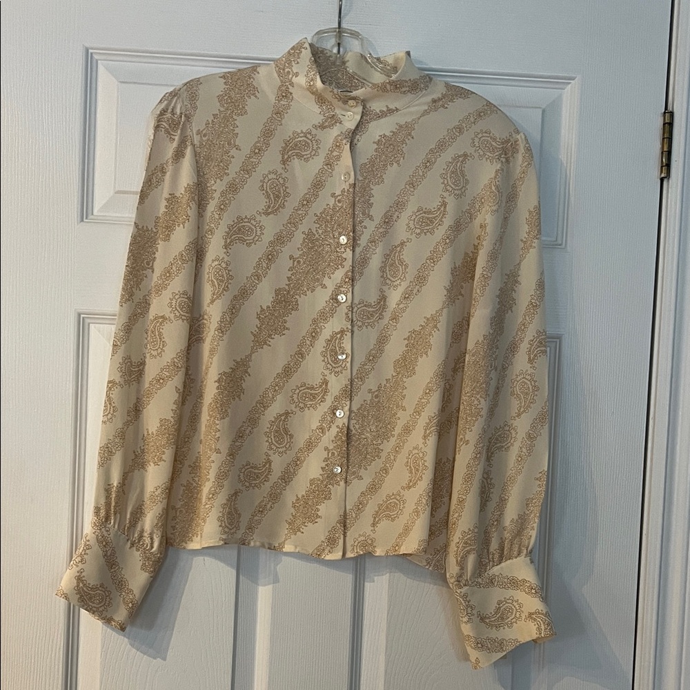 Talbots Pure Silk Blouse with Cream and Gold Pattern - Picture 1 of 5